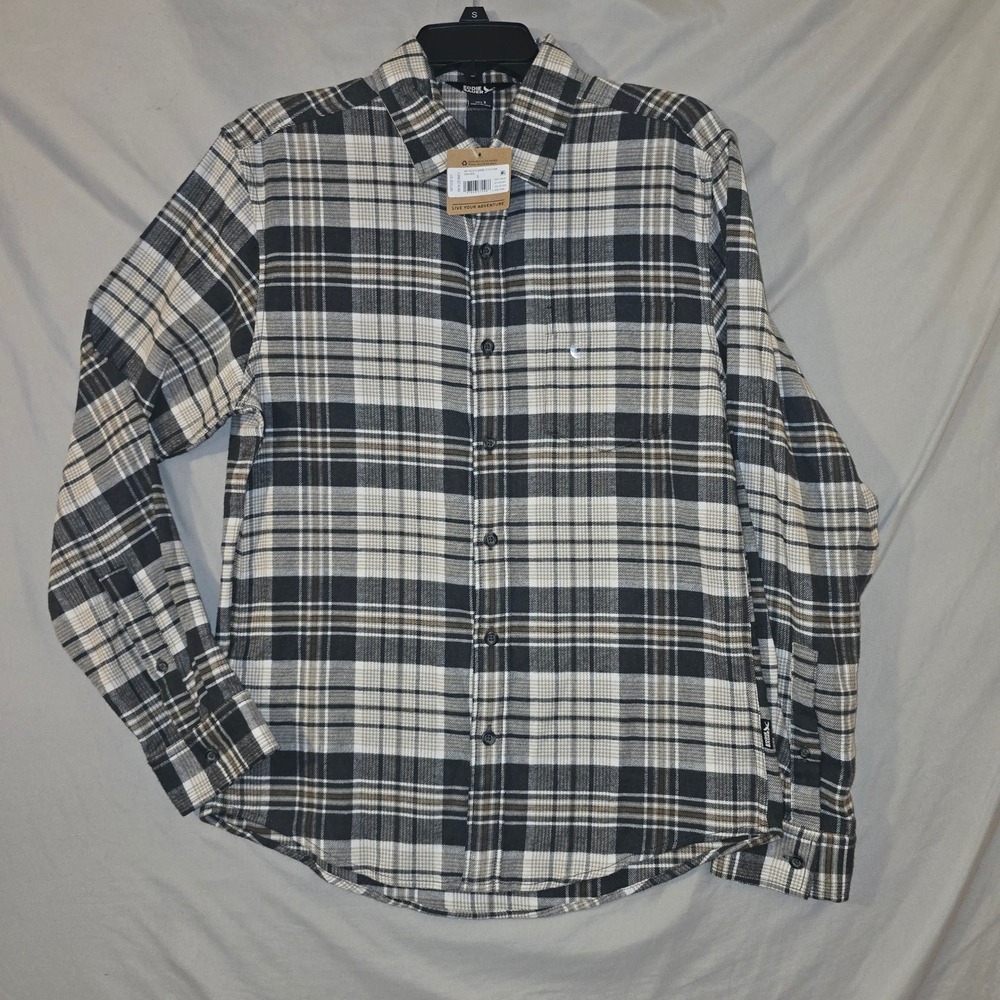 Eddie Bauer Flannel Flex Shirt Small Mens Grey Plaid Long Sleeve Button Down
